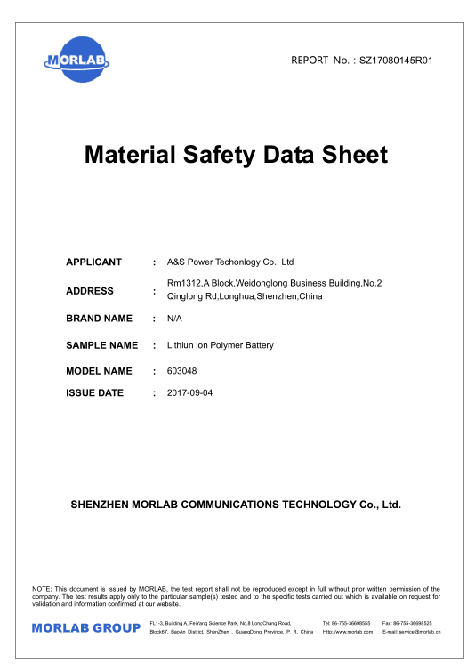 A&S Power Material Safety Data Sheet