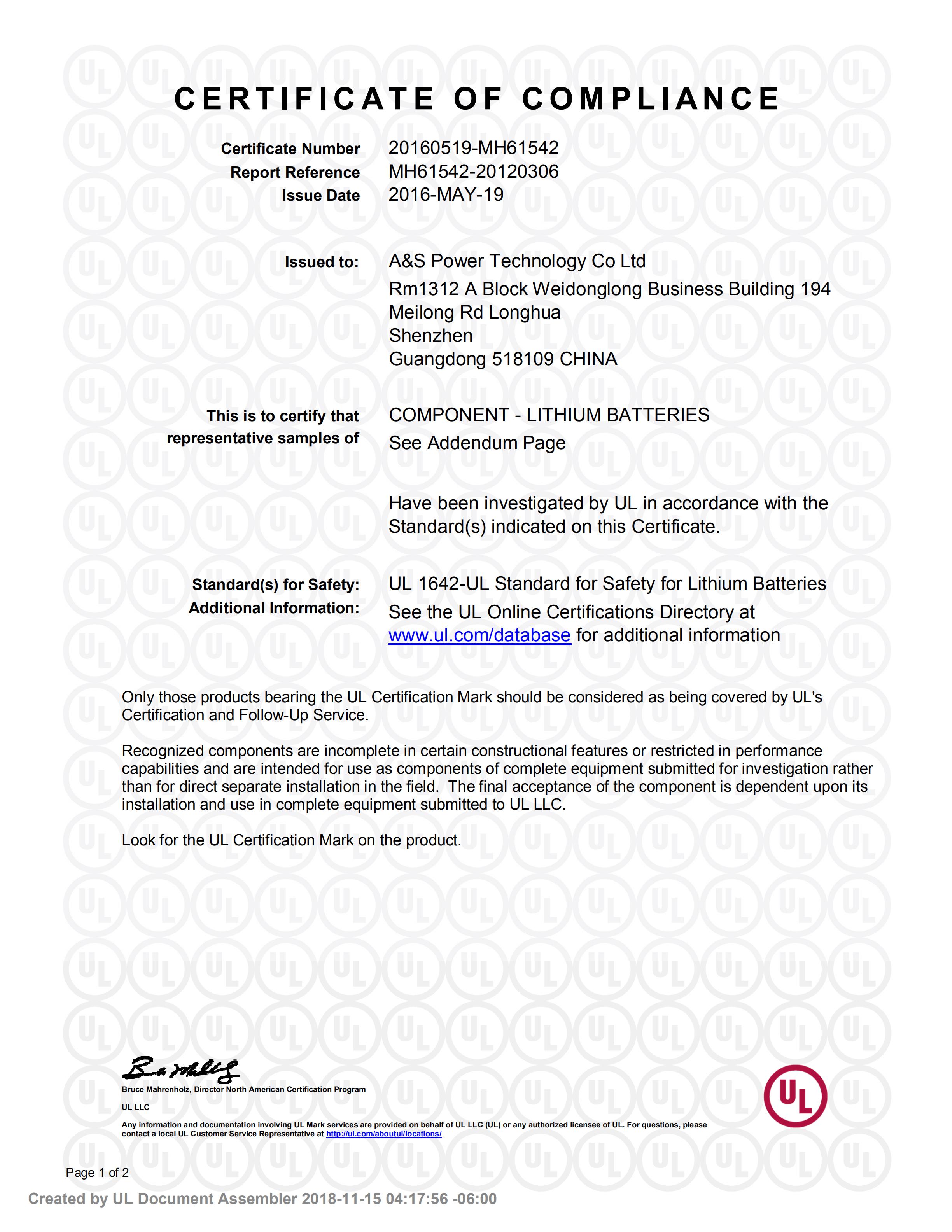 A&S Power UL1642 Certification