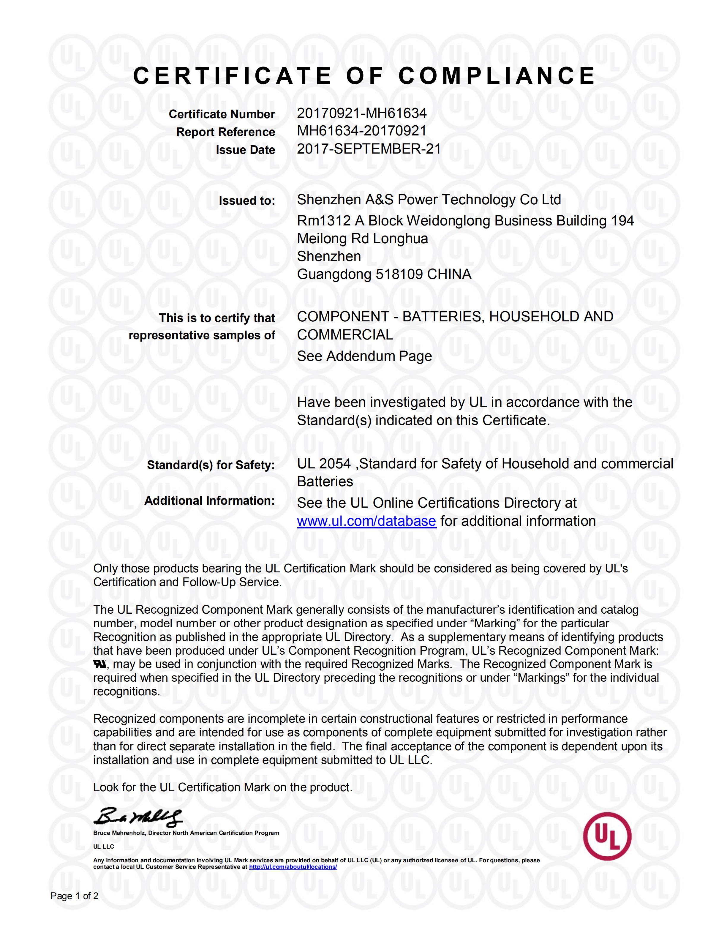 A&S Power 18650-3.7v-2600 UL1642 Certification